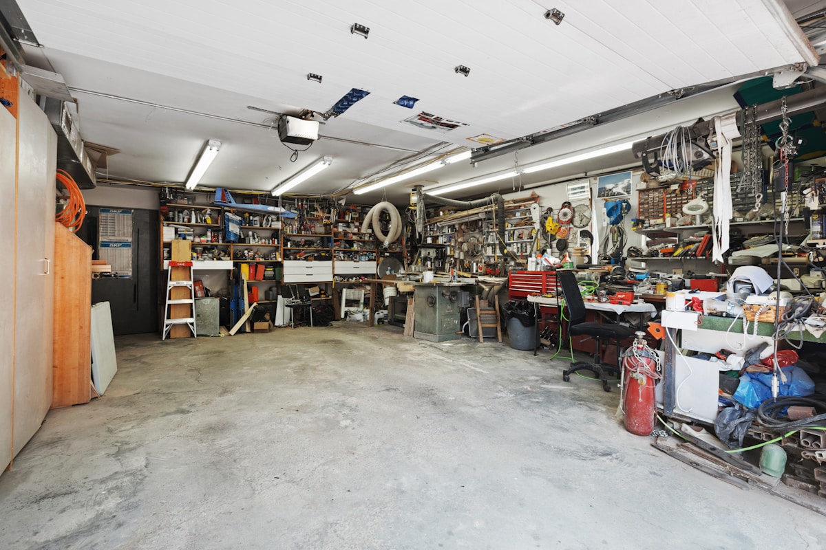Garage with storage and equipment
